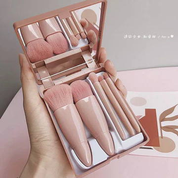Bộ cọ trang điểm 5 món kèm hộp đựng, cọ phấn mắt, cọ môi, cọ má hồng, cọ phấn, gương di động, dụng cụ làm đẹp