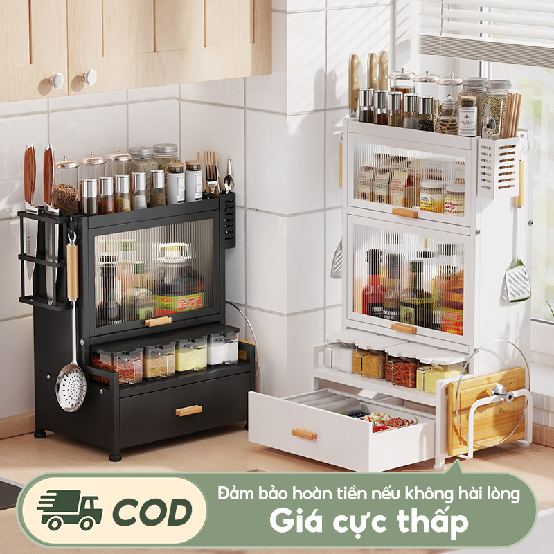 Tủ đựng gia vị nhà bếp thép cacbon Kệ để gia có cánh chống bụi trong suốt Kệ đựng đồ đa năng