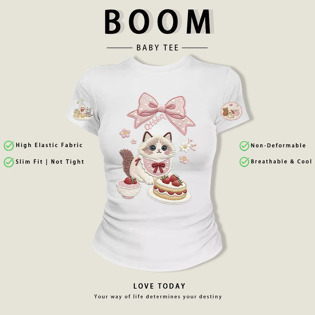 BOOM Áo thêu Baby Tee Nữ Cotton Ôm Body-Áo Thun Ngắn Tay Y2K In Hình PhongCách Mùa Hè, Cổ Tròn Hàng Đầucách hàn phong#02
