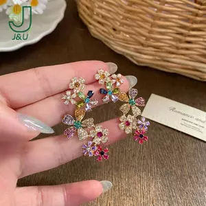 Bông Tai Hoa Zircon Hình Giọt Nước Đầy Màu Sắc, Quà Tặng Dịp Dự Tiệc Cho Nữ