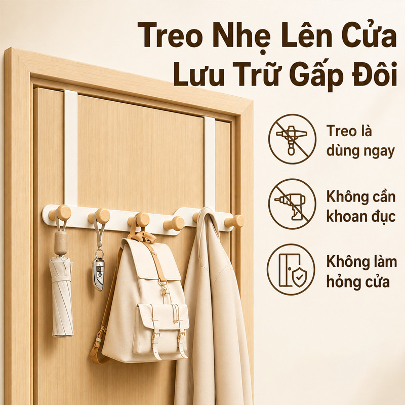 Móc Treo Cửa Không Khoan Đa Năng – Thép Carbon Chống Gỉ, Treo Quần Áo, Túi Xách, Phòng Ngủ & Phòng Tắm