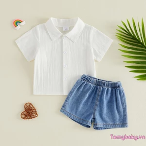 2 Bộ Trang Phục Mùa Hè Cho Bé Trai Áo Sơ Mi Tay Ngắn Nút Xuống + Bộ Quần Short Denim