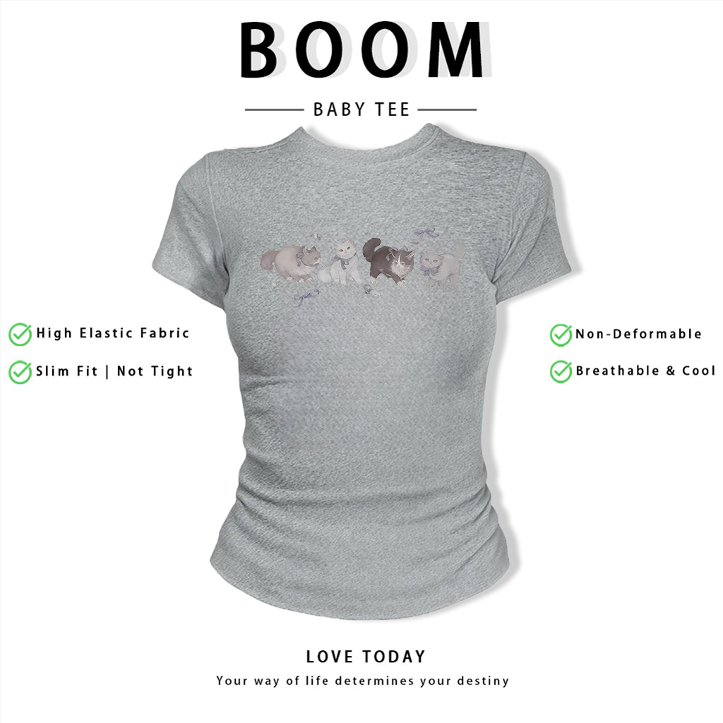 BOOM Áo Baby Tee Nữ Cotton Ôm Body-Áo Thun Ngắn Tay Y2K In Hình PhongCách Mùa Hè, Cổ Tròn Hàng Đầucách hàn quốc phongR66