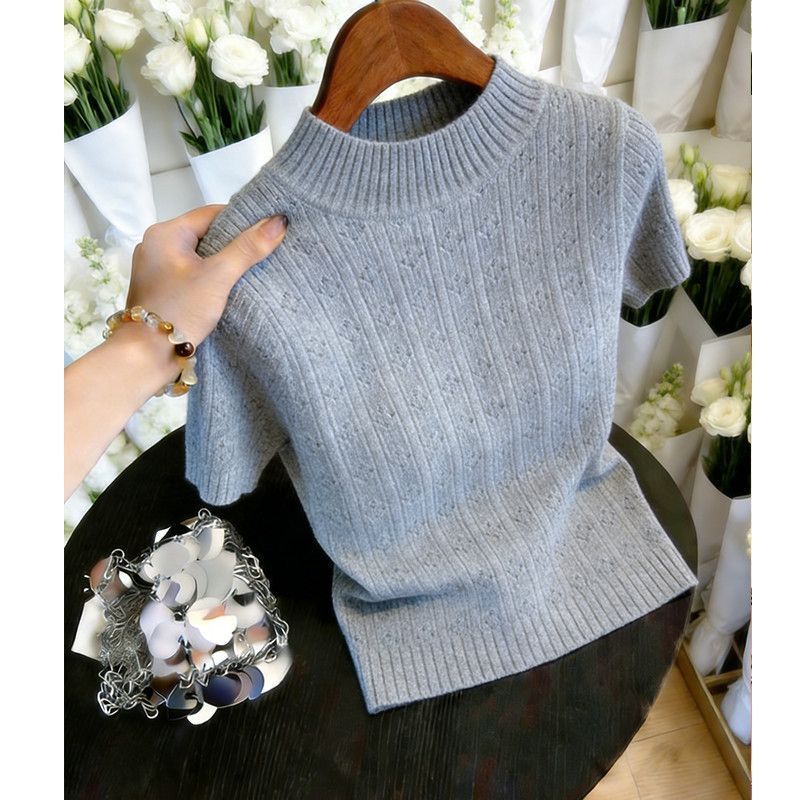 Áo Len Cổ Nửa Cao Phong Cách Ngọt Ngào Kiểu Pháp, Thiết Kế Jacquard Pit Strip Cho Đầu Mùa Hè