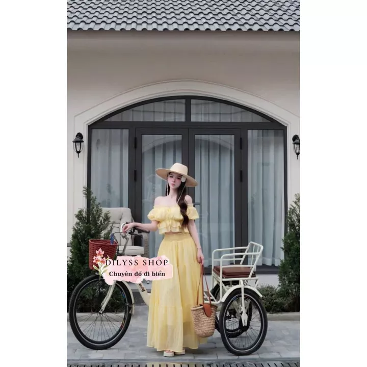 Váy maxi trễ vai nữ freesize chun co giãn váy đi biển váy dài xoè tầng váy du lịch nữ tính