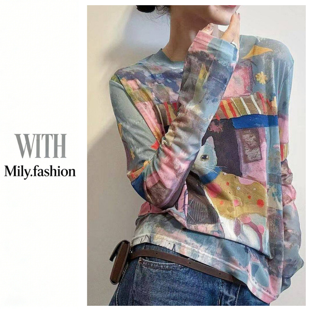 Milyfashion Lưới Hoạt Hình Cổ Tròn Dài Tay Phù Hợp Mùa Hè