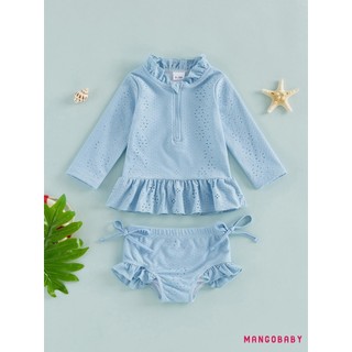 MG-2 Chiếc Bộ Đồ Bơi Bé Gái Tập Đi Dài Tay Frill Mock Cổ Dây Thêu Áo Và Đáy Rash Guard Bộ Đồ Tắm