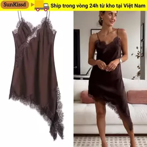 Đầm ren nữ SUNKISSD, Đầm nữ ren Satin gợi cảm, Đầm dạ hội không tay cổ chữ V