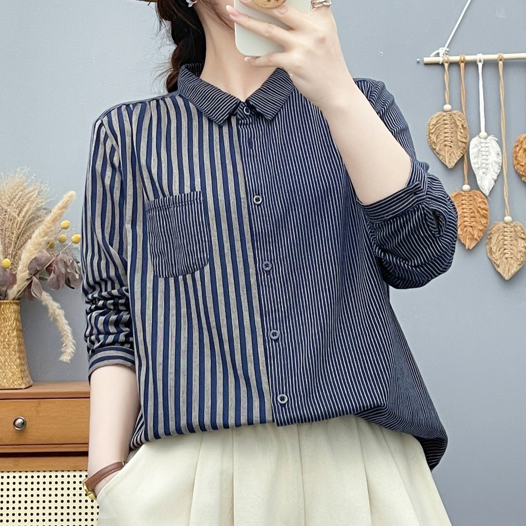 [Sẵn sàng] Áo sơ mi nữ cotton cao cấp, tay dài, phong cách retro, vải cotton nhuộm sợi mềm mại, thân thiện với da