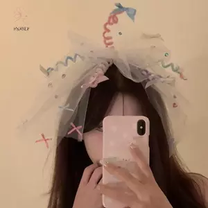 HNKMP Dễ Thương Vui Nhộn Phóng Đại Viền Nơ Kim Cương Giả Xoắn Sti Lưới Trắng Veil Mùa Xuân Kẹp Cho Bé Gái Tiệc Halloween Phụ Kiện Tóc.