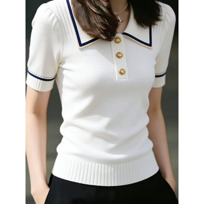 [Thời gian có hạn Seckill] Áo thun ngắn tay dệt kim cổ trắng kiểu Pháp dành cho nữ mùa hè 2026 Plus Size Fat MM Slimer Look Tính khí Áo đẹp