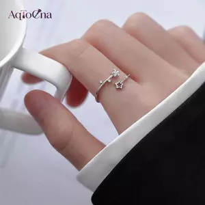 AqToCna Màu Bạc Rỗng Ngôi Sao Năm Cánh Nhẫn Nữ Phong Cách Hàn Quốc Mở Nhẫn Có Thể Điều Chỉnh Kẻ Sọc Zircon Trang Sức Cưới AqToCna