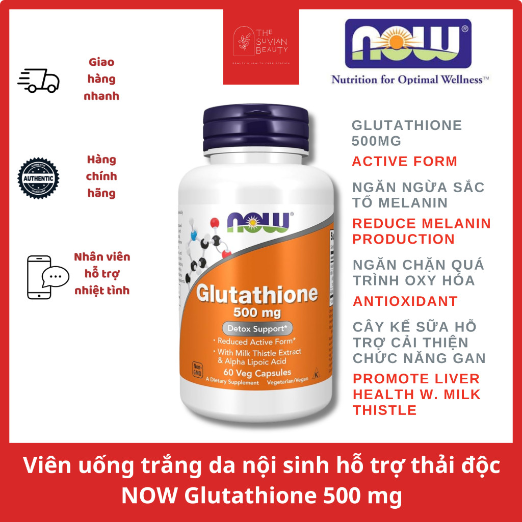 snow white glutathione review Viên uống trắng da nội sinh hỗ trợ thải độc NOW Glutathione 500mg có  L-cysteine - 60/120 viên