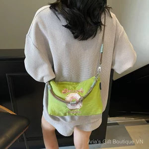 Túi Messenger Phong Cách Nhật Bản Nữ Thêu Thân Thiện Với Môi Trường Túi Vuông Nhỏ Vải Nylon Di Động Một Mặt