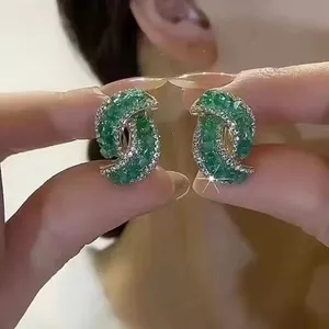 Bông tai kim cương màu xanh lá cây hình học, thời trang cao cấp, phong cách Hàn Quốc