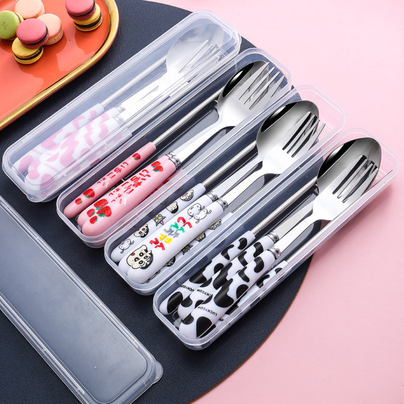 🌤️COD🌤️Bộ đồ ăn bằng thép không gỉ, họa tiết hoạt hình, đồ dùng di động, đồ dùng du lịch cho học sinh, bộ 3 món.