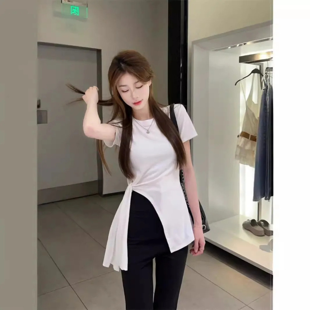 Milyfashion Gợi Cảm Tinh Khiết Desire Cao Khe Ren Áo Thun Ngắn Tay Nữ Mùa Hè Phong Cách Mới Không Đều Nghẹt Eo Ôm Hơn Nhìn Trang Trọng S