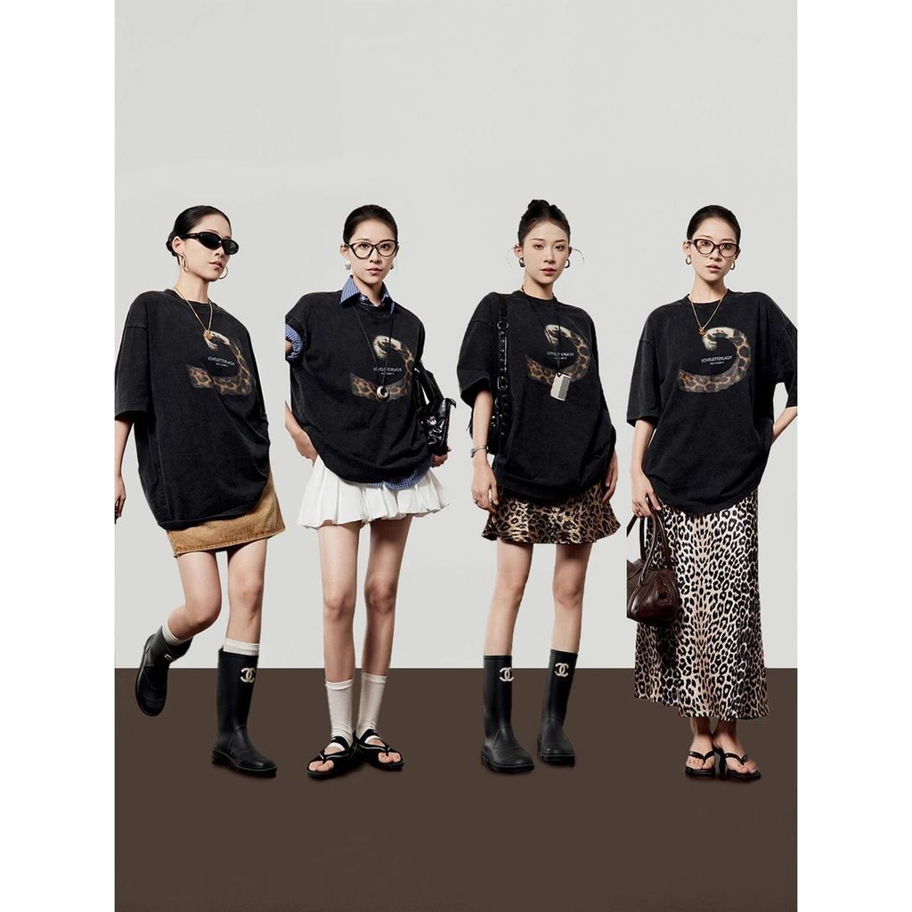 Milyfashion Da Báo In Cổ Tròn Thời Trang Mùa Hè Phong Cách Mới Đen Giữa Tay Áo Thun Thể Thao