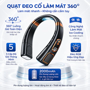 Quạt đeo cổ làm mát 360 độ pin 2000mAh quạt không cánh 5 cấp gió làm lạnh nhanh quạt đeo cổ mini tiện lợi