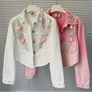 Áo Denim Nữ Công Nghiệp Nặng Đính Hạt, Phong Cách Châu Âu Mới với Họa Tiết Hoa Ba Chiều