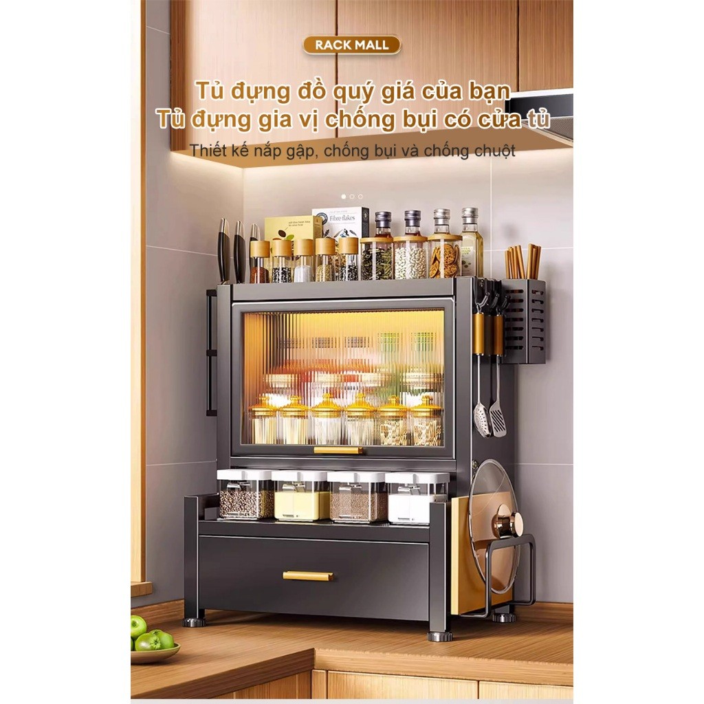 Tủ đựng gia vị nhà bếp thép cacbon Kệ để gia có cánh chống bụi trong suốt Kệ đựng đồ đa năng