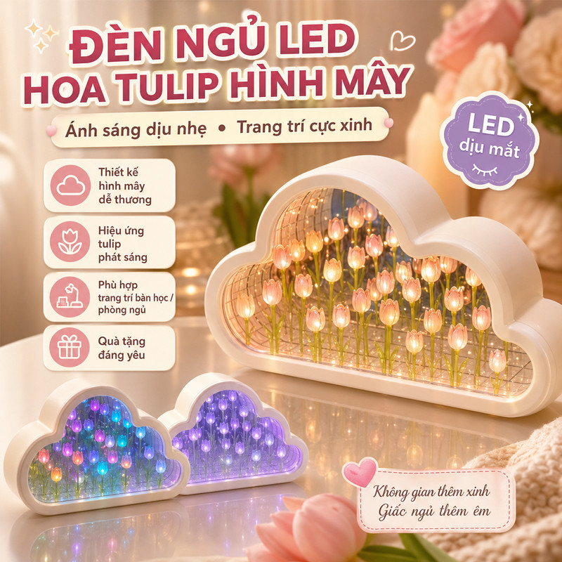 Đèn Tulip hình Đám Mây Gương Handmade Trang Trí Phòng Ngủ , Phòng Khách - Tặng bạn gái một món quà