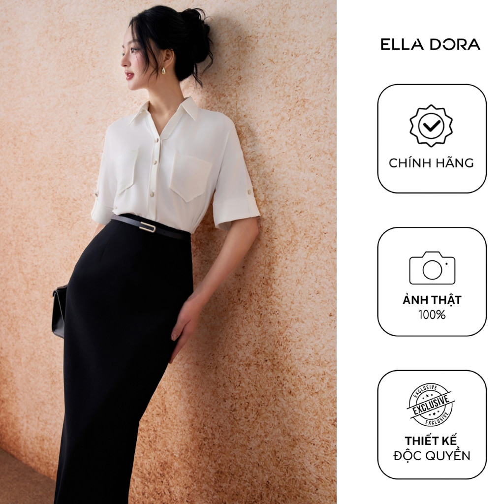 Áo sơ mi nữ ELLA DORA chất lụa thiết kế cổ V 2 túi dáng ngắn phong cách trẻ trung thanh lịch [SM158]