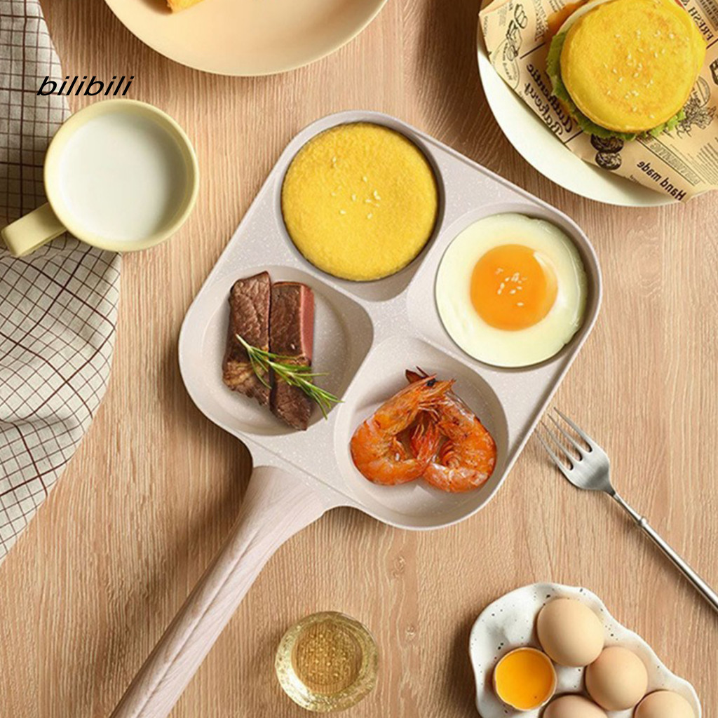 BIL Chảo trứng chống dính 4 cốc Skillet ăn sáng 4 trong 1 có tay cầm bằng gỗ – Làm nóng nhanh bằng nhôm Omelette Pancake Burger Bacon Chảo chiên để nấu ăn dễ dàng Chảo chiên Burger