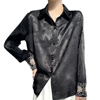 Sơ Mi Nữ Lụa Bóng Họa Tiết Chìm Thêu Hoa Cổ Tay Sang Trọng
