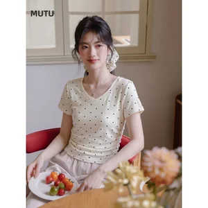 Mutu Pháp Tính Khí Cổ Chữ V Chấm Bi Ngắn Tay Nữ Mùa Hè 2026 Phong Cách Mới Tinh Tế Đẹp Slim @ -
