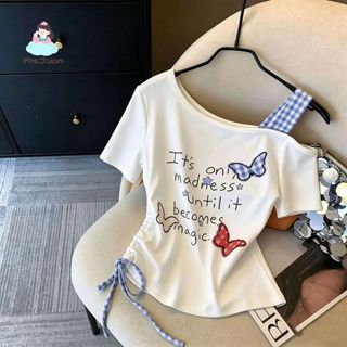 Áo thun cotton cho bé gái – Tay ngắn, vai lệch, thắt dây eo, phong cách dễ thương mùa hè