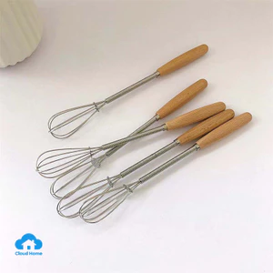 Máy đánh trứng mini cán gỗ bằng thép không gỉ, dụng cụ nhà bếp gia dụng, dụng cụ làm bánh.