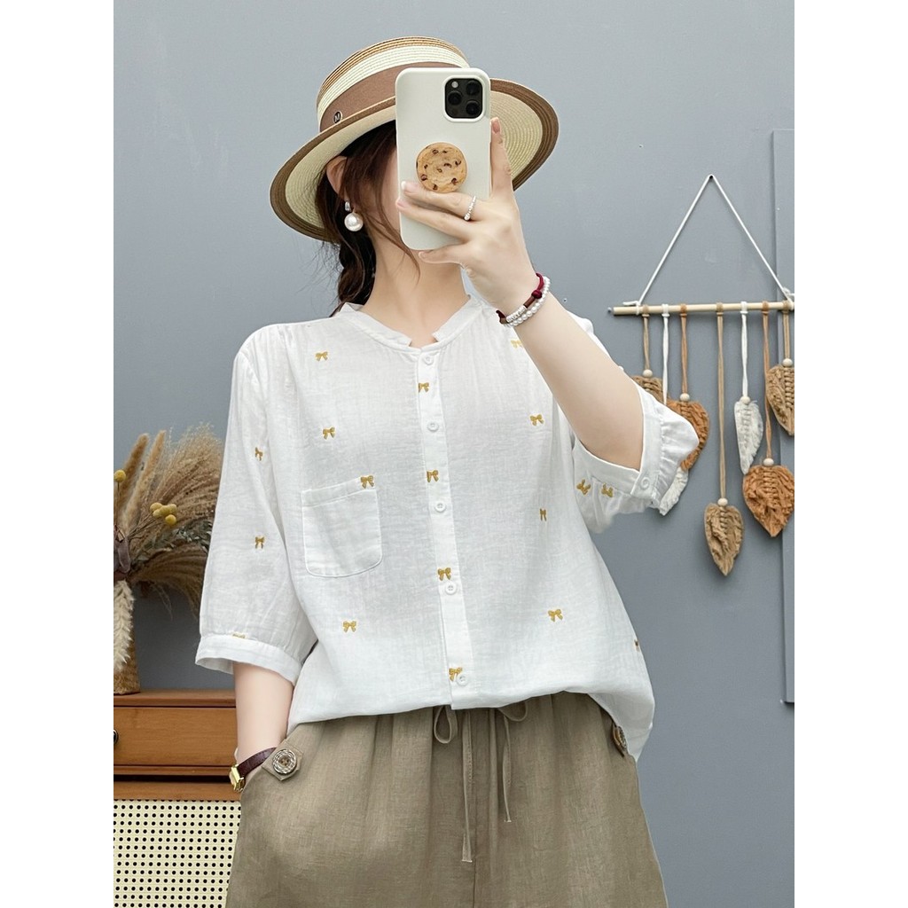 Áo sơ mi nữ cotton cao cấp hoạt hình Hàn Quốc thêu nơ dáng rộng cổ đứng ngắn tay