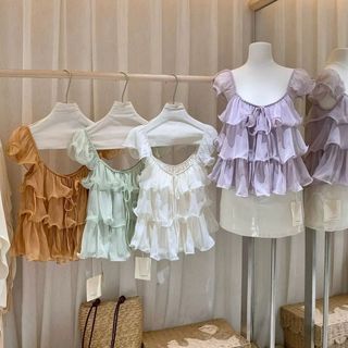 Một Kích Thước Voan Xù Nhiều Lớp Bánh Áo Sơ Mi Ngọt Ngào Nữ Tính Không Khí Lãng Mạn Thanh Lịch Áo Sơ Mi Áo Vest Nữ Mùa Hè Rời Ôm Hơn Nhìn Áo Chui Đầu Ngắn-