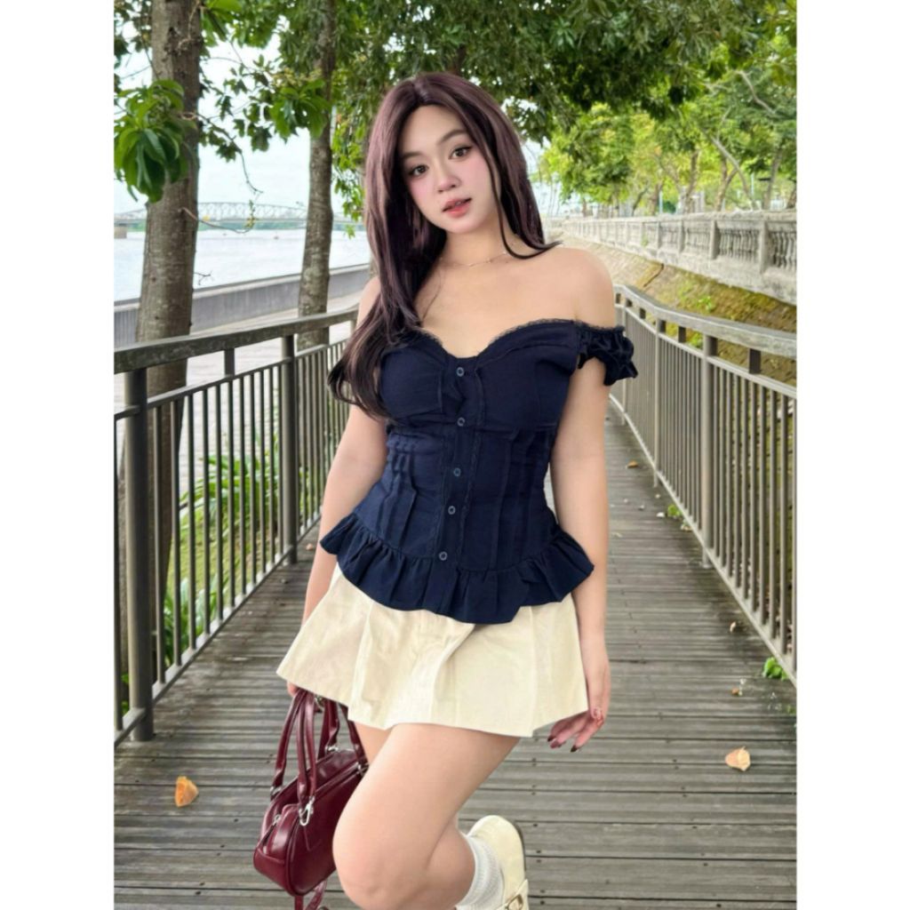 Áo Babydoll Kiểu Xinh Nữ Vạt Xòe Phối Cúc Bọc Vải Mùa Hè clothing M534 - SamHi Closet