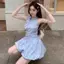 Đầm dây buộc chấm bi màu xanh Pháp dành cho nữ Kỳ nghỉ bên bờ biển mùa hè Hot Girl Váy ngắn Bud eo hẹp