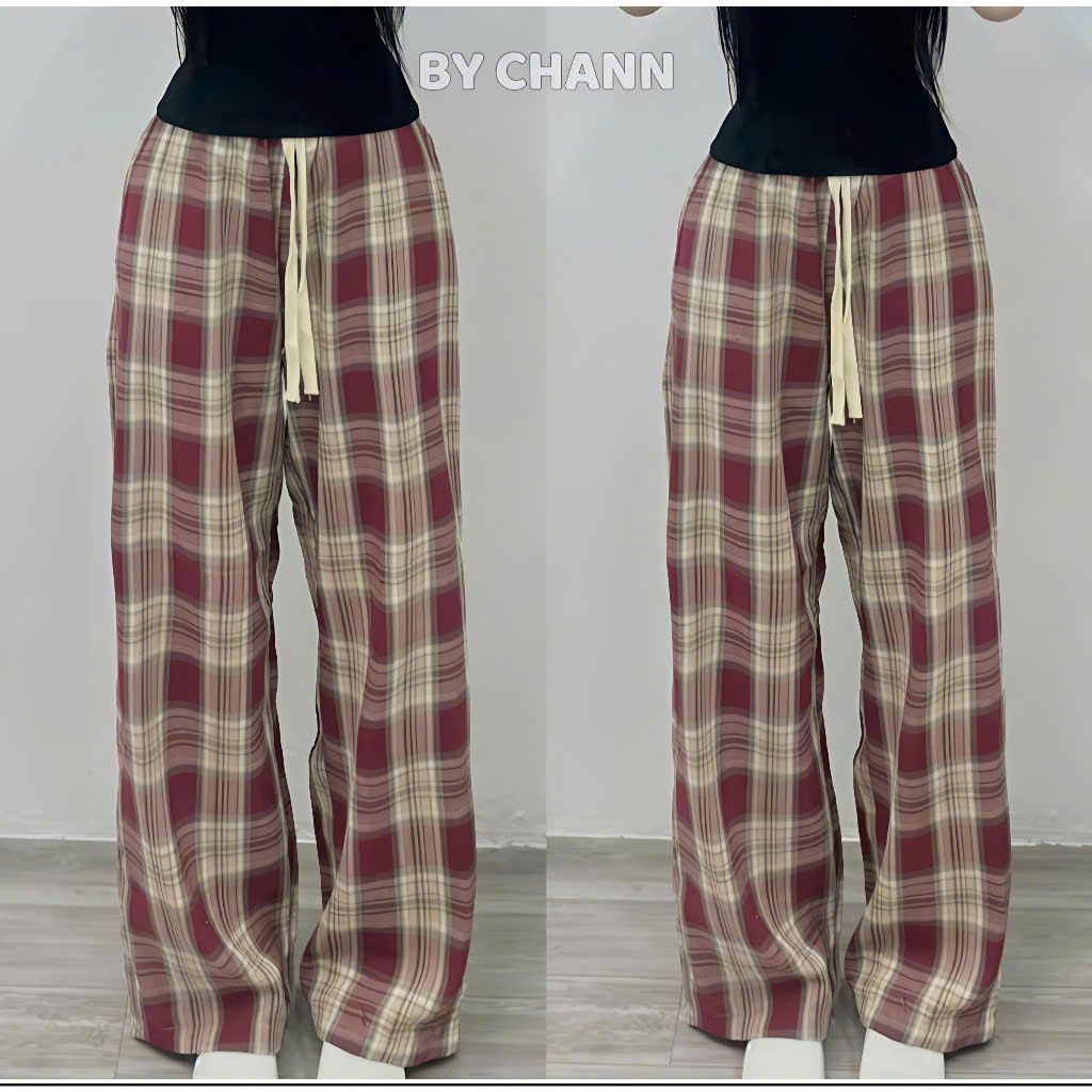 Quần Kẻ Caro dáng suông ống rộng, chất thô mềm dày dặn Hot Trend