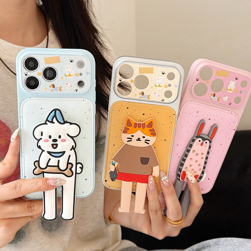 3D Phim Hoạt Hình Mèo Thỏ Giá Đỡ Da Ốp Lưng Điện Thoại iPhone 17 Pro Max 16 15 14 13 Vỏ Bảo Vệ Chống Sốc