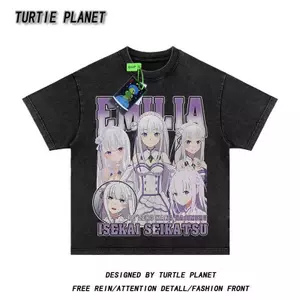 Áo Thun Bông Nguyên Chất Emilia In Hình Anime, Phong Cách Retro Mùa Hè, Tay Ngắn