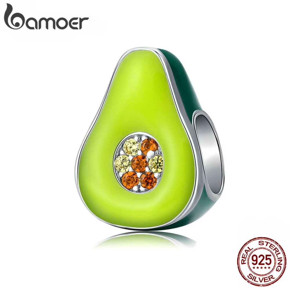 Mặt phụ kiện BAMOER BSC129 hình quả bơ màu xanh lá cây đính đá 925 bằng bạclỗ xỏ 3mm dùng để làm vòng tay thủ công