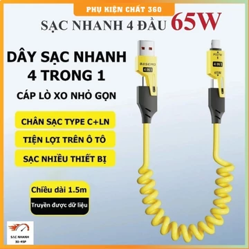 Cáp Sạc Nhanh 4 Đầu 65W (Dài 1.5m). Cáp sạc lò xo 4 trong 1 đầu cáp kim loại. Dây sạc 4 in 1, Dây sạc điện thoại ,