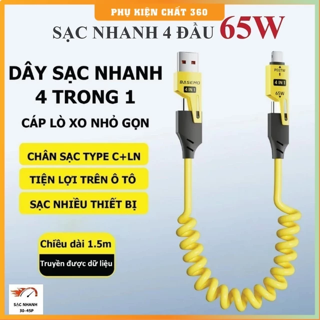 Cáp Sạc Nhanh 4 Đầu 65W (Dài 1.5m). Cáp sạc lò xo 4 trong 1 đầu cáp kim loại. Dây sạc 4 in 1, Dây sạc điện thoại ,