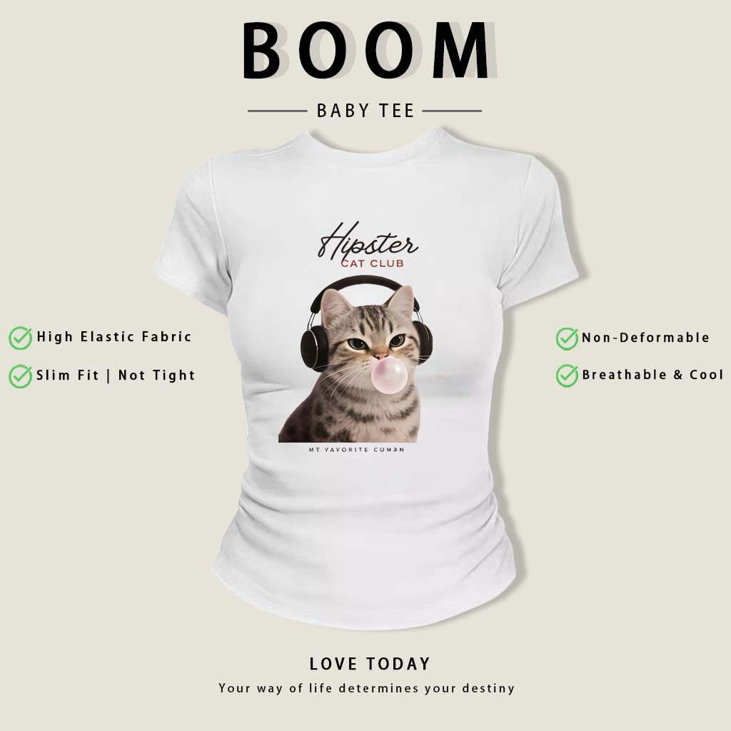 BOOM Áo Baby Tee Nữ Cotton Ôm Body-Áo Thun Ngắn Tay Y2K In Hình PhongCách Mùa Hè, Cổ Tròn Hàng Đầucách hàn quốc phongE35