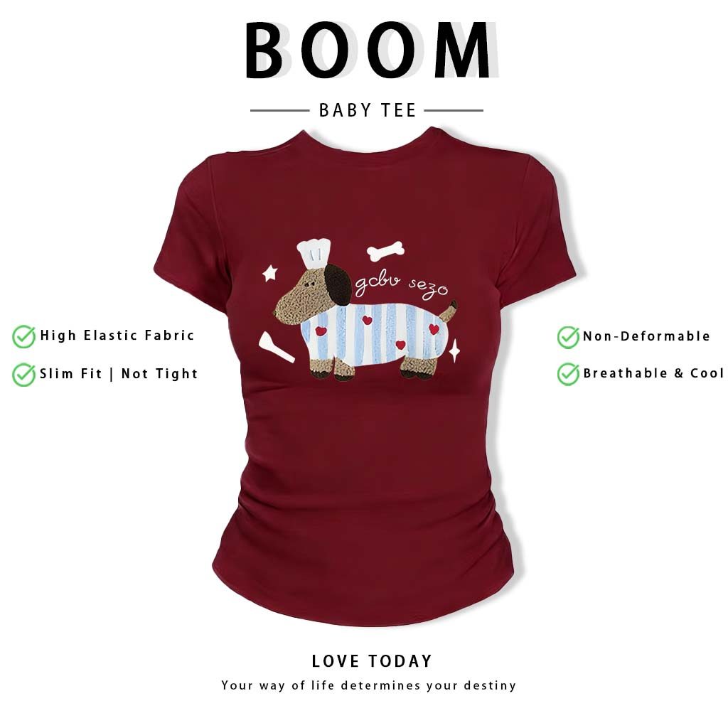 BOOM Áo Baby Tee Nữ Cotton Ôm Body-Áo Thun Ngắn Tay Y2K In Hình PhongCách Mùa Hè, Cổ Tròn Hàng Đầucách hàn quốc phongR20