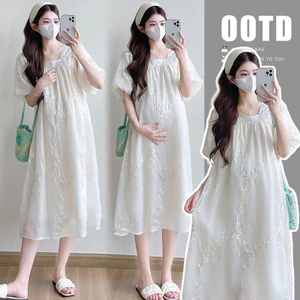 Váy bà bầu thời trang mùa hè Ren thêu dáng rộng mỏng hơn