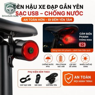 Đèn hậu xe đạp USB sạc lại, chống nước IPX4, cảnh báo phanh thông minh, siêu sáng