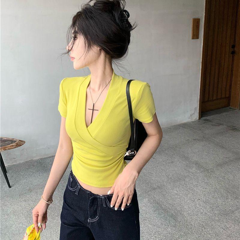 Mùa hè áo thun ngắn tay modal dáng hot girl màu trơn thiết kế vừa vặn sang trọng cho nữ