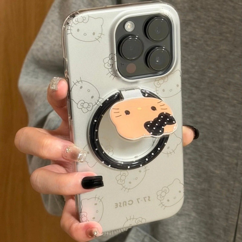 Giá đỡ điện thoại từ tính Hello Kitty màu đen sang trọng có gương cho vỏ nam châm và IPhone 13 15 16 17 Pro Max 14 Plus có thể gập lại Vòng đeo tay Giá đỡ