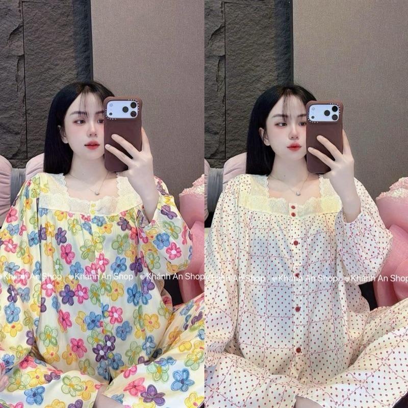 KA184 - Đồ Bộ Tole Lanh Áo Cổ Vuông  Phối Ren Tay Dài Quần Dài B2