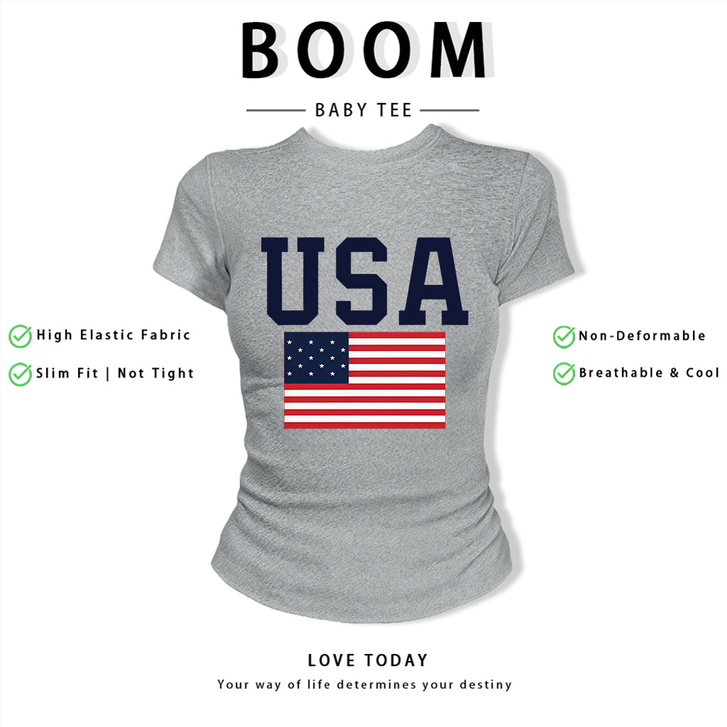 BOOM Áo Baby Tee Nữ Cotton Ôm Body-Áo Thun Ngắn Tay Y2K In Hình PhongCách Mùa Hè, Cổ Tròn Hàng Đầucách hàn quốc phongR36